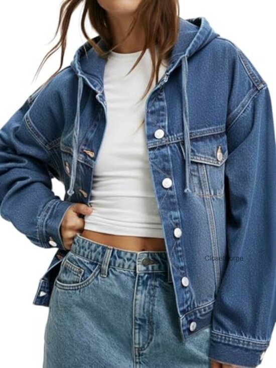 Jackets & Blazers - Double-Breasted Denim Jacket with Pockets - Oversized Hooded Coat